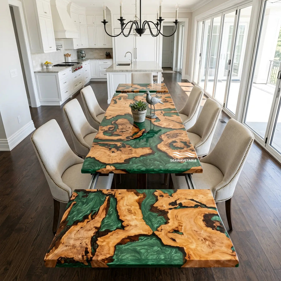 Seawavetable-Handcrafted live edge cunninghamia wood extendable dining table with glossy jade green epoxy river
