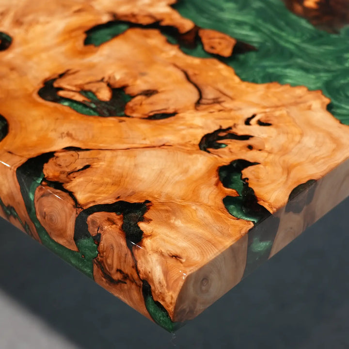 Seawavetable-Unique cunninghamia wood expandable dining table, continuous glossy jade epoxy river design