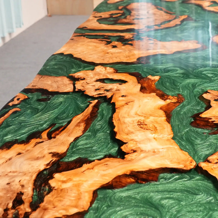 Seawavetable-Family dinner ready extendable cunninghamia wood table, live edge jade epoxy top
