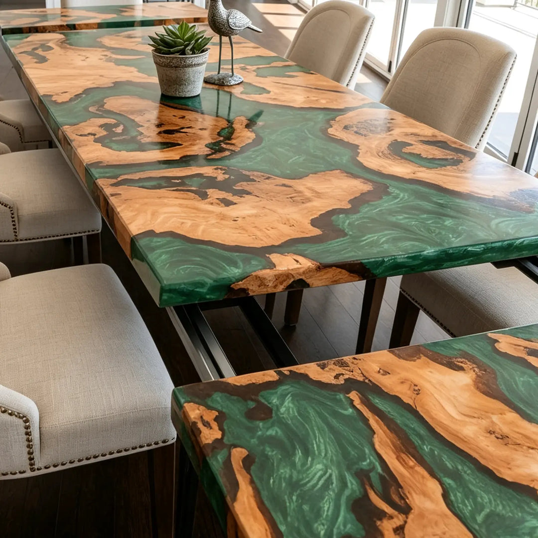 Seawavetable-Open concept home dining setup with live edge cunninghamia wood extendable epoxy table