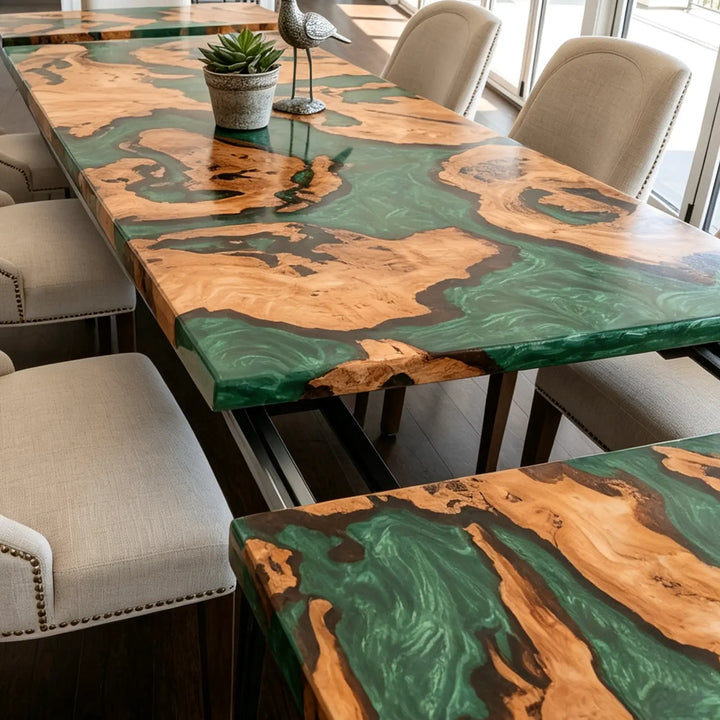 Seawavetable-Open concept home dining setup with live edge cunninghamia wood extendable epoxy table