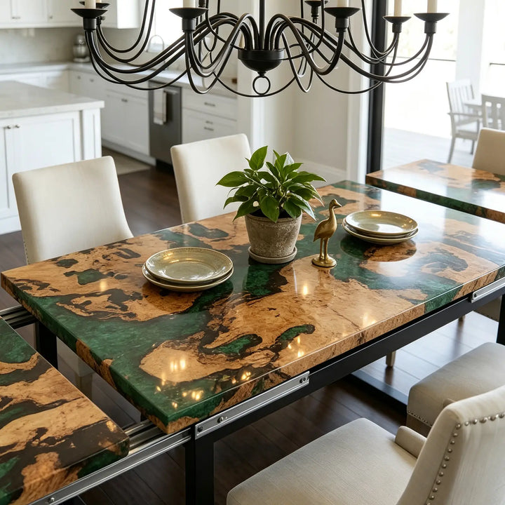Seawavetable-Live edge cunninghamia wood expandable epoxy table, fully extended for large dinner parties