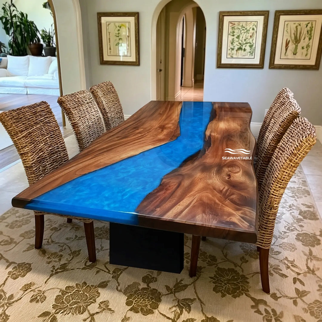 Seawavetable- Live edge walnut river dining table with swirling ocean blue resin high gloss finish in stock ready to ship