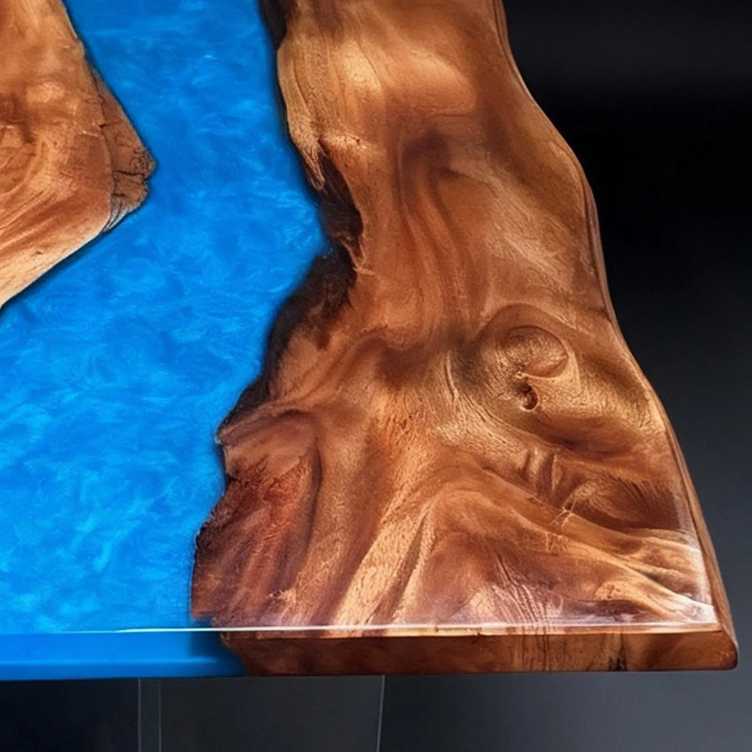 Seawavetable- 60x36 inch walnut dining table with flowing ocean blue epoxy river, ready to ship