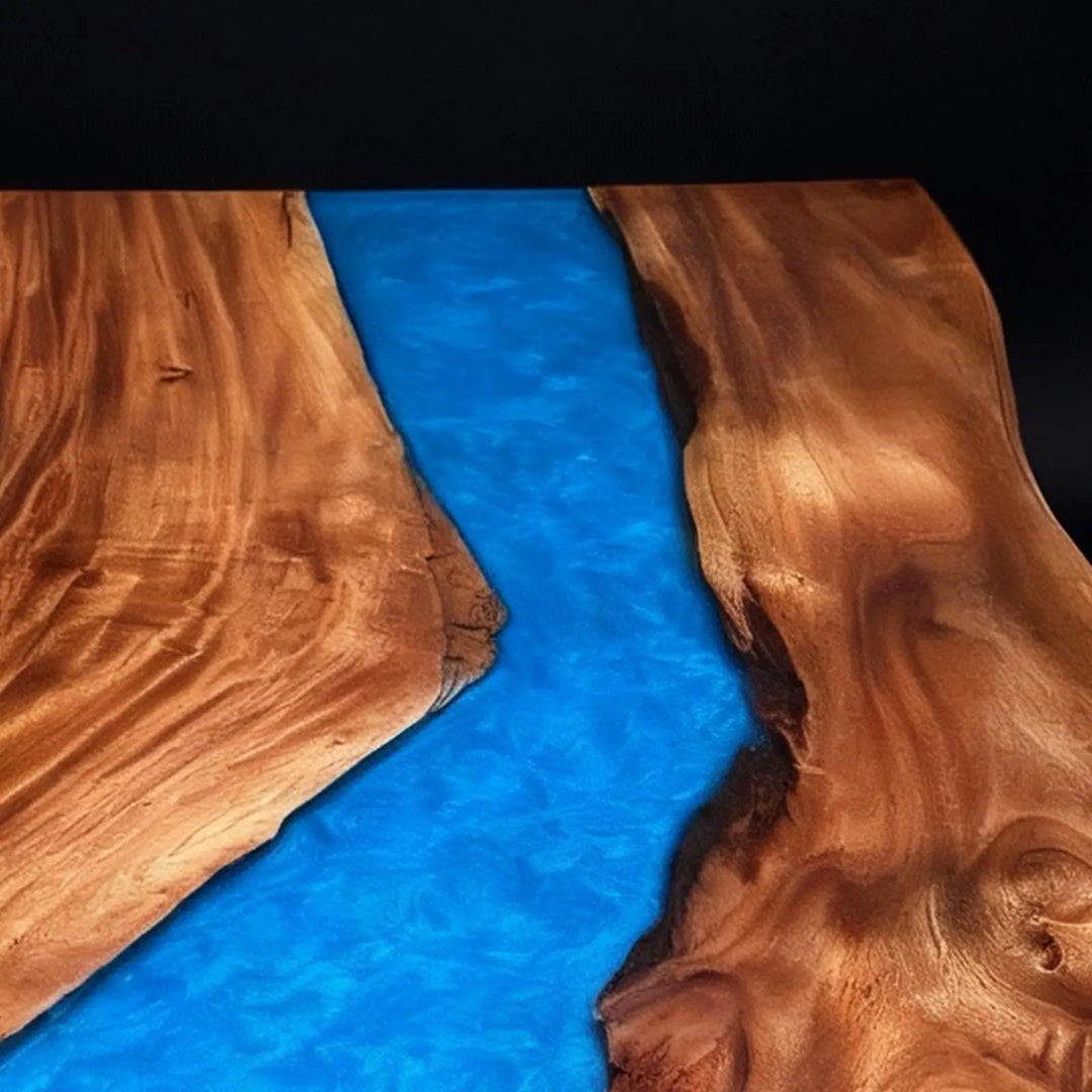 Seawavetable- Artistic live edge walnut table with wave textured blue resin river in stock
