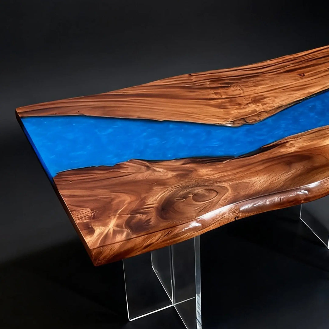 Seawavetable- Walnut epoxy river table against dark background, available immediately