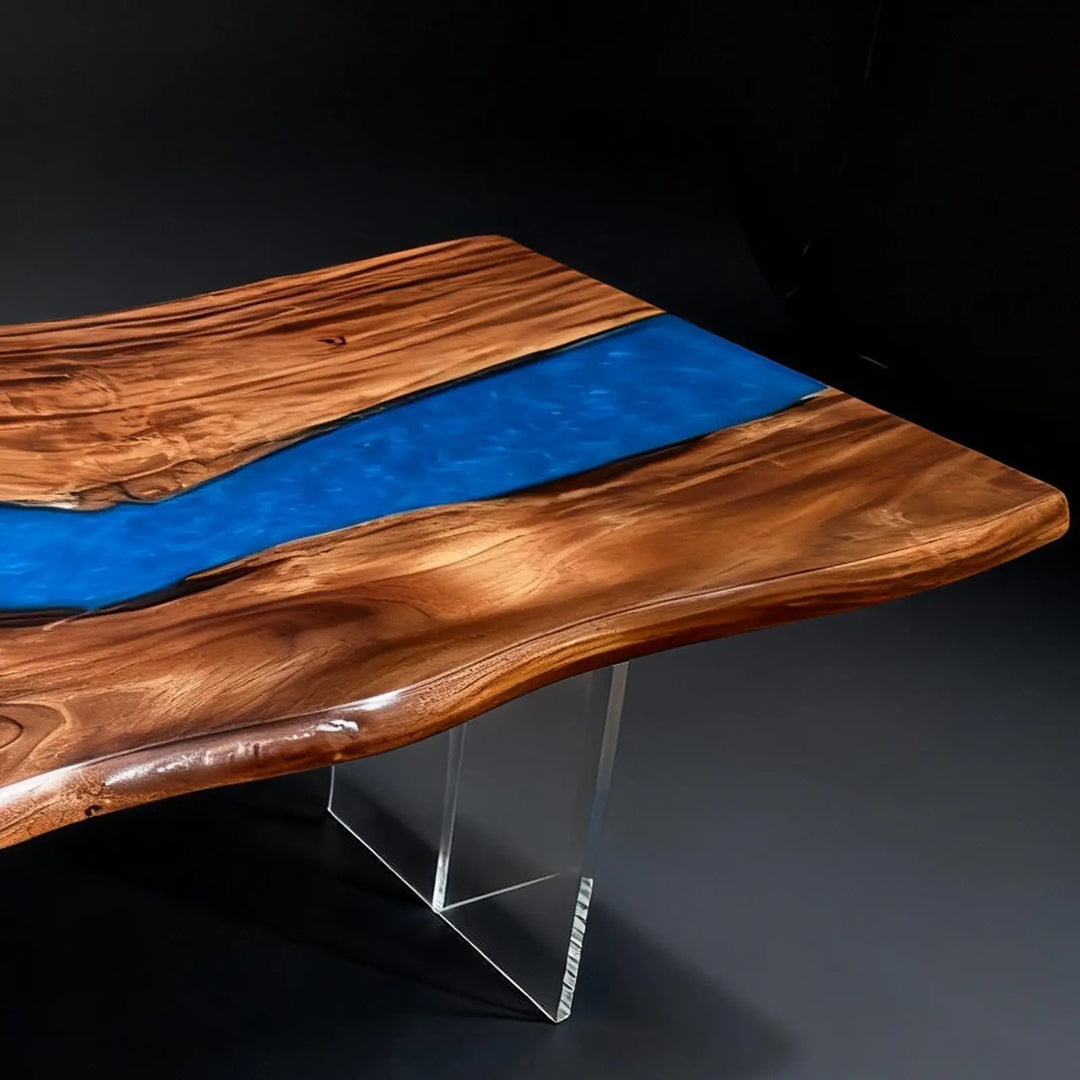 Seawavetable- Natural live walnut slab paired with blue resin ready stock dining table