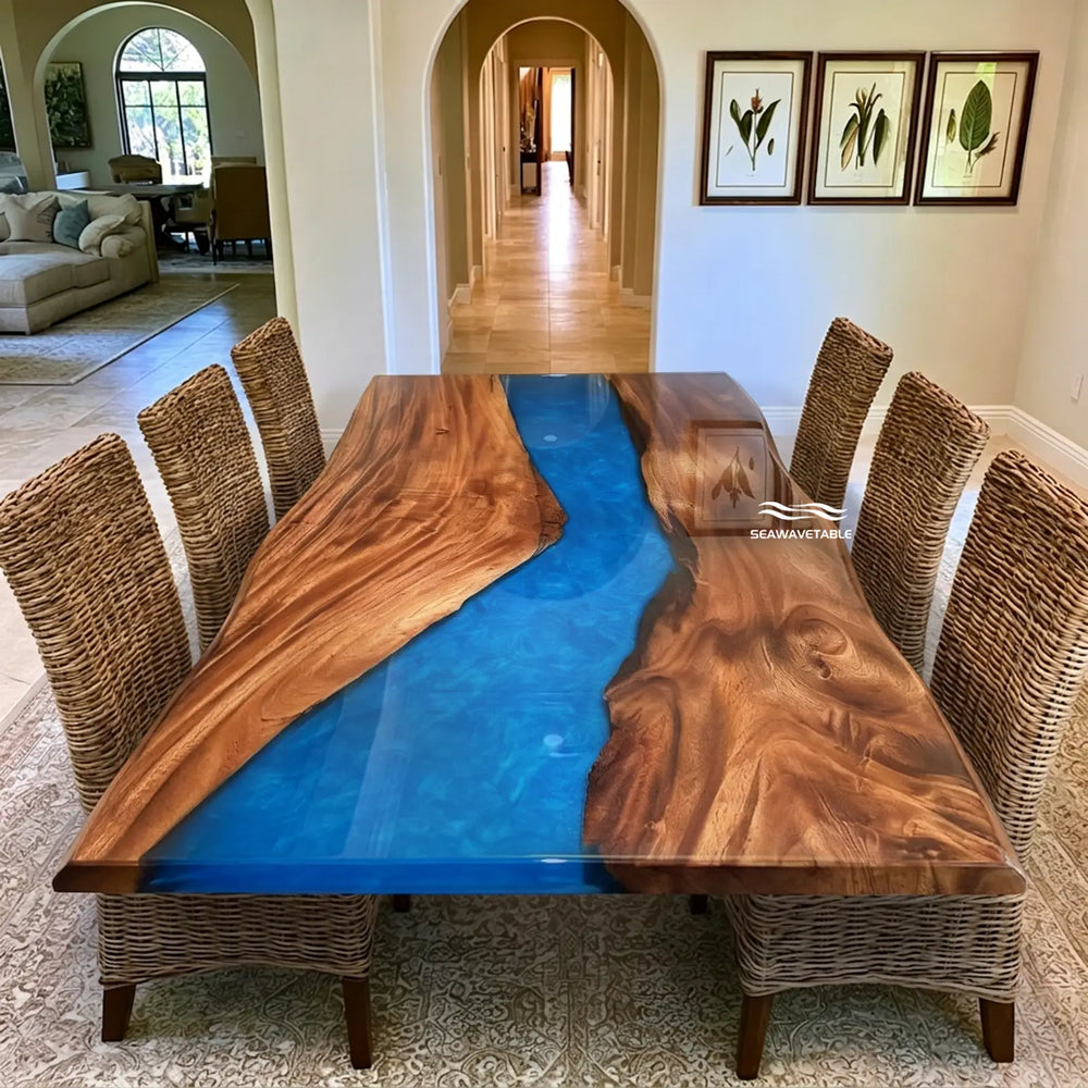 Seawavetable- Solid walnut live edge tabletop with blue ocean epoxy river ready for delivery