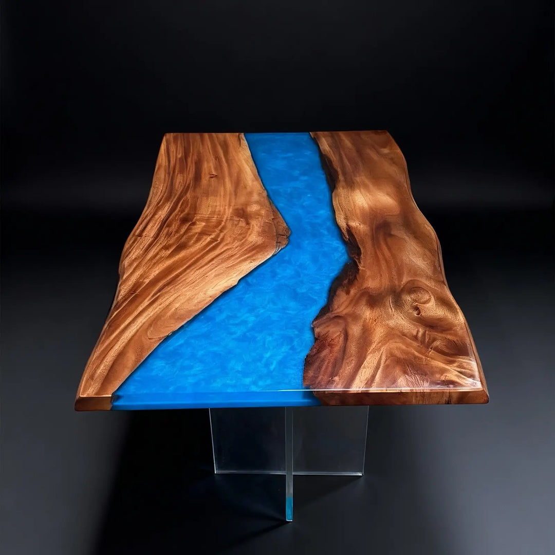 Seawavetable- Walnut epoxy dining table with natural live edge ready to ship