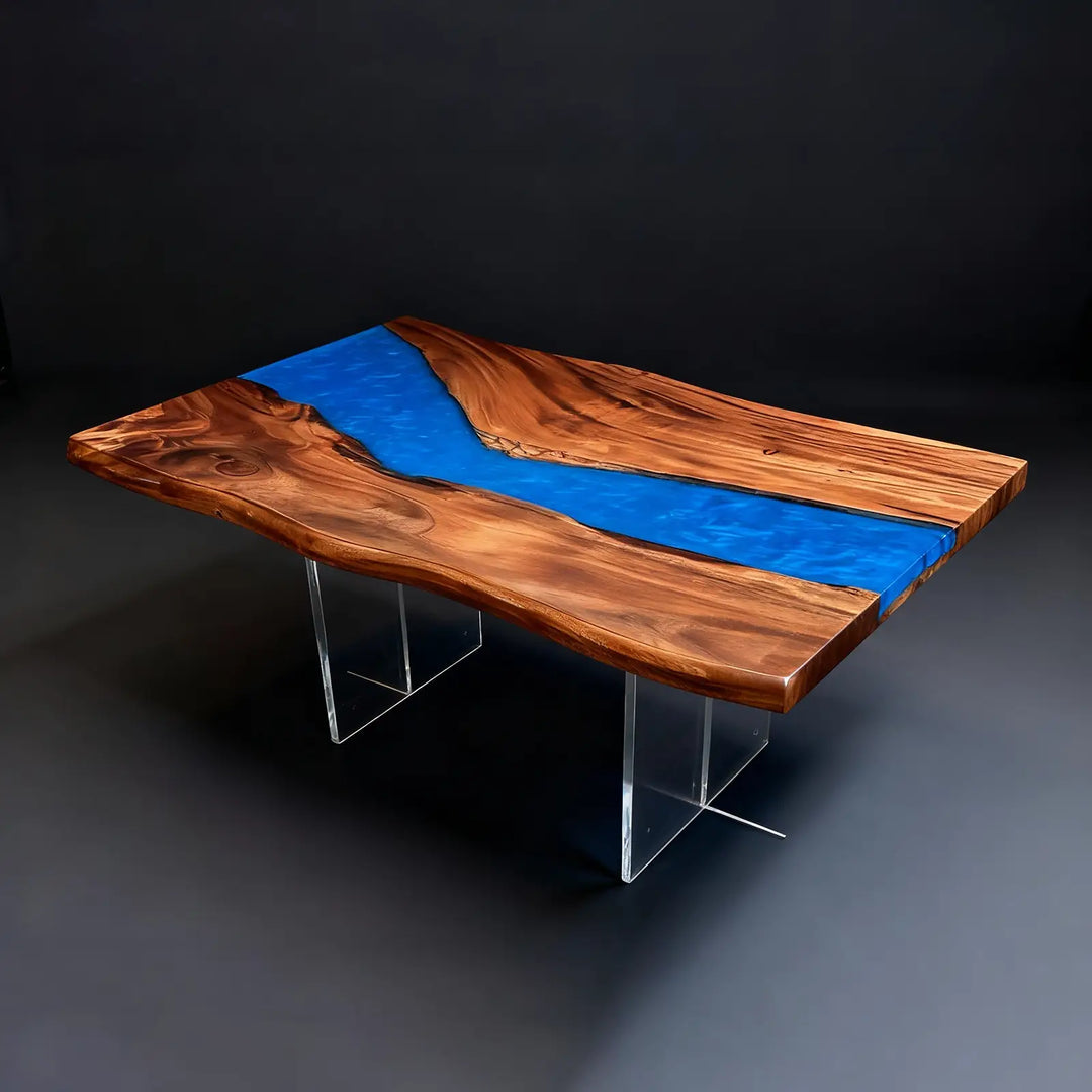 Seawavetable- Natural walnut wood grain and swirling blue resin river in stock dining table