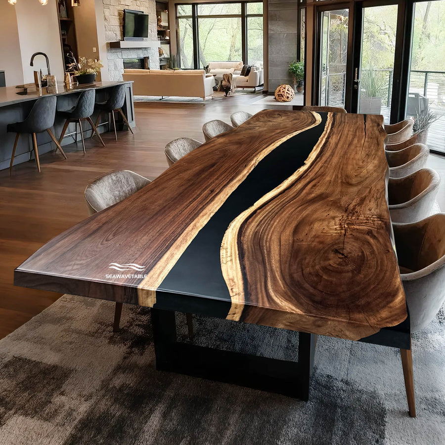 Seawavetable-Custom wood epoxy table featuring walnut slabs and black resin river