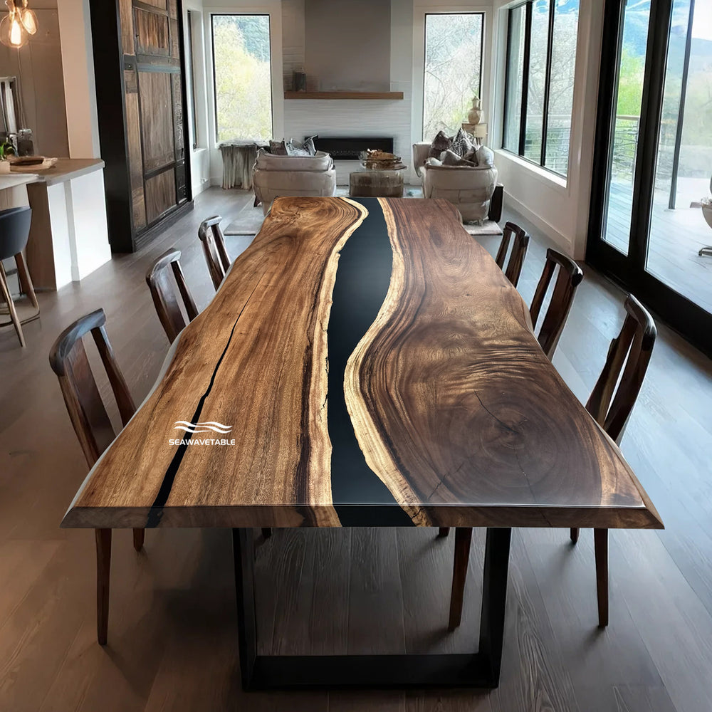 Seawavetable-Live edge walnut wood epoxy river dining table with black resin