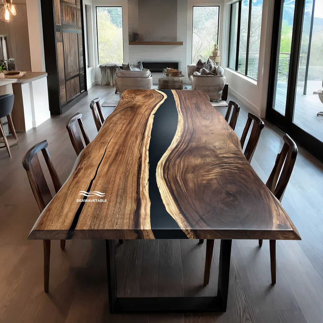 Seawavetable-Live edge walnut wood epoxy river dining table with black resin