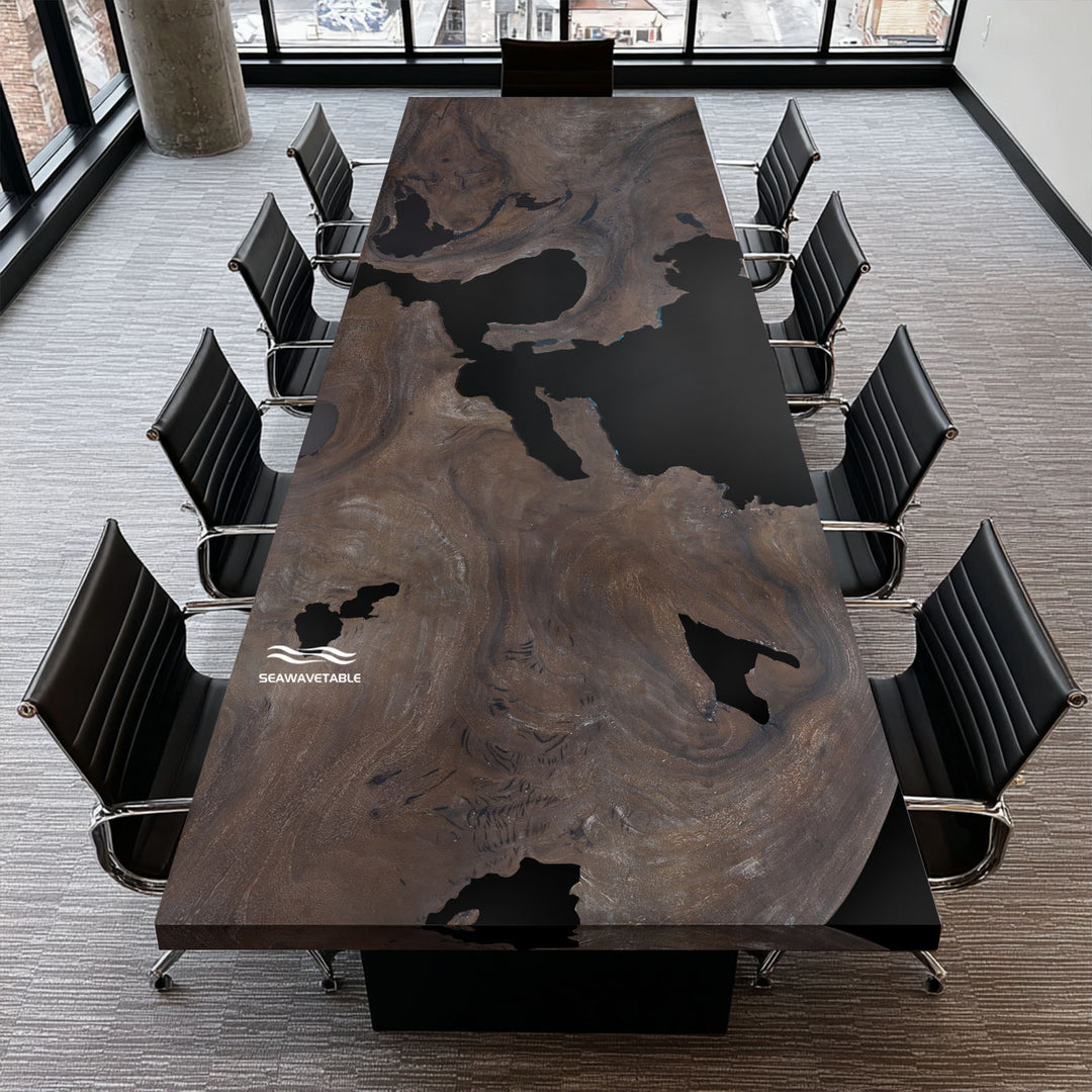 Seawavetable-walnut epoxy resin desk with oxidized white-wash finish