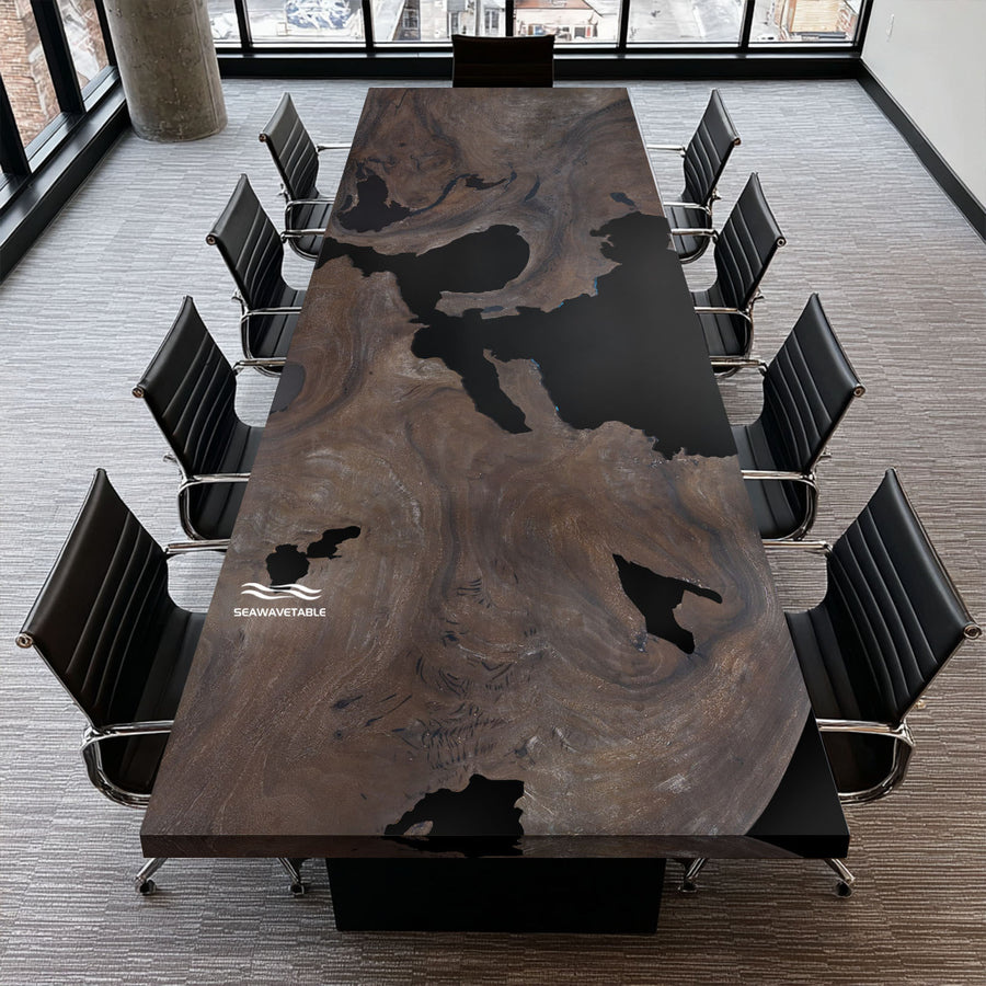 Seawavetable-walnut epoxy resin desk with oxidized white-wash finish