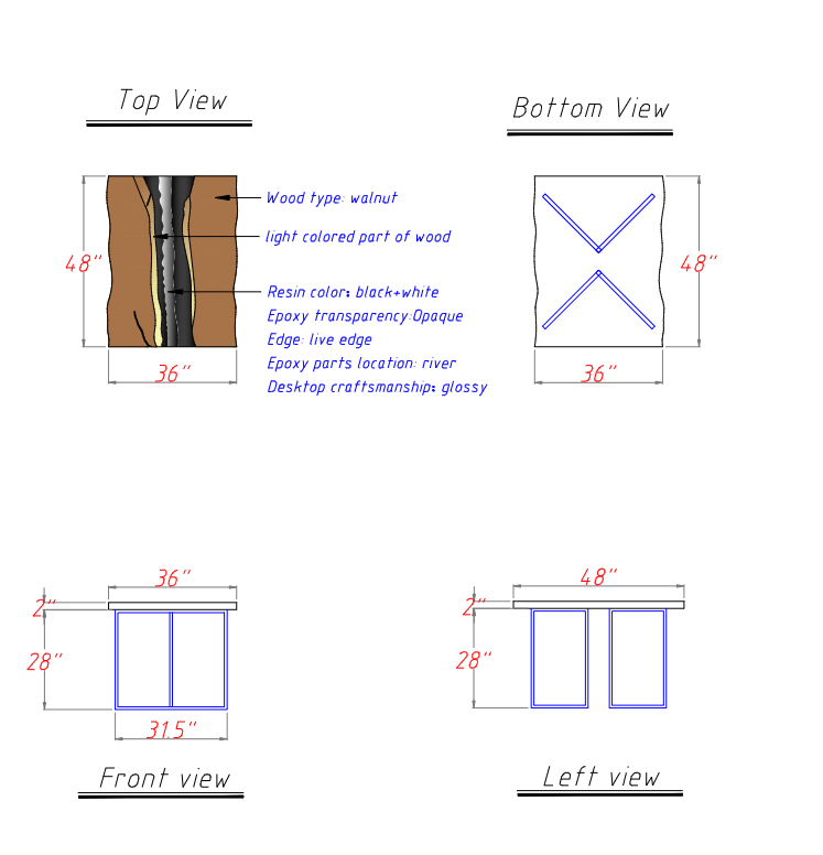 Seawavetable-Walnut epoxy Live edge table with blue waves