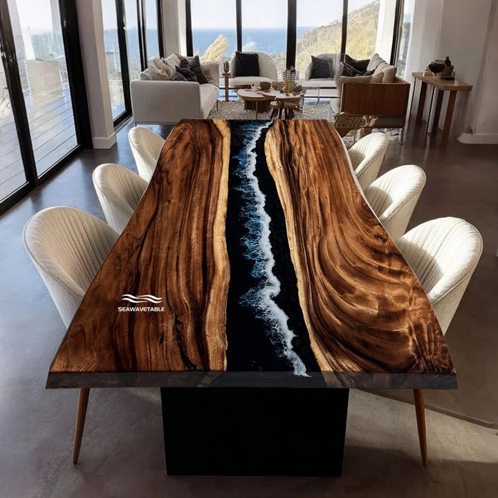 Seawavetable-Ocean Blue Epoxy River Table with Live Edge Walnut Wood