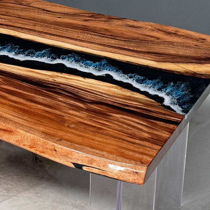 Seawavetable-Walnut Ocean Epoxy Tabletop with Natural Edge Details
