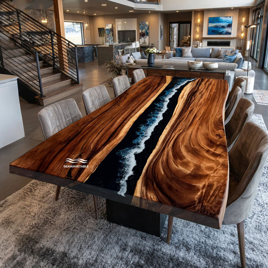 Seawavetable-Walnut Live Edge Ocean Wave Epoxy Dining Table