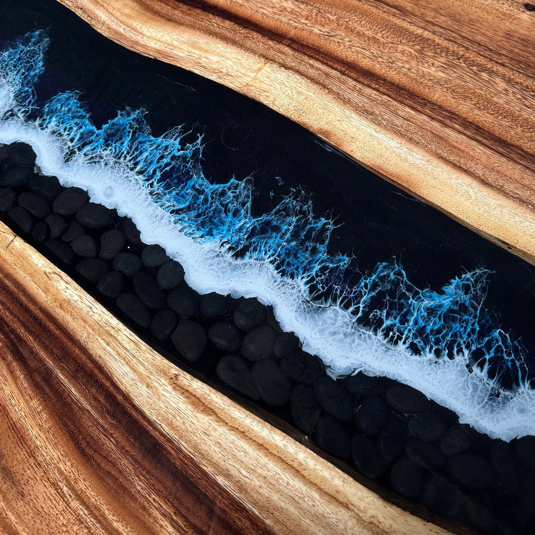 Seawavetable-Walnut Epoxy Table with Blue and White Foam Resin Effect