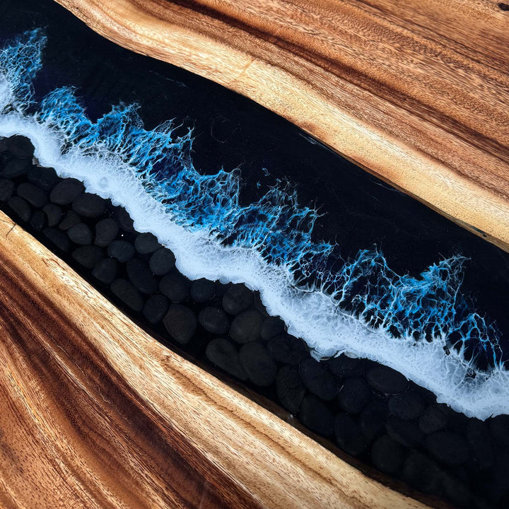 Seawavetable-Walnut Epoxy Table with Blue and White Foam Resin Effect