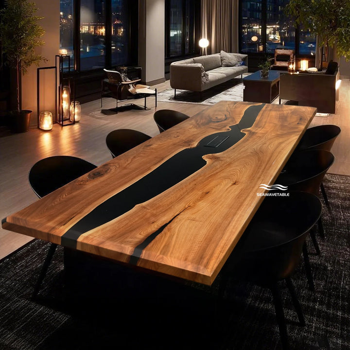 Seawavetable-Beveled edge black walnut epoxy conference table with built-in power outlet high-gloss black epoxy river