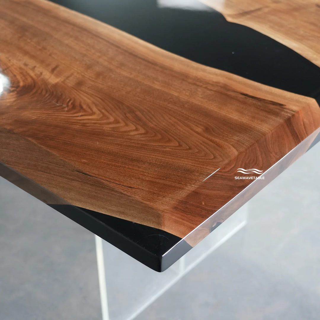 Seawavetable-Heavy-duty epoxy conference table black walnut obsidian black resin river with power outlet