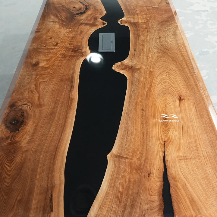 Seawavetable-Contemporary powered epoxy table precision beveled edge black walnut office meeting furniture