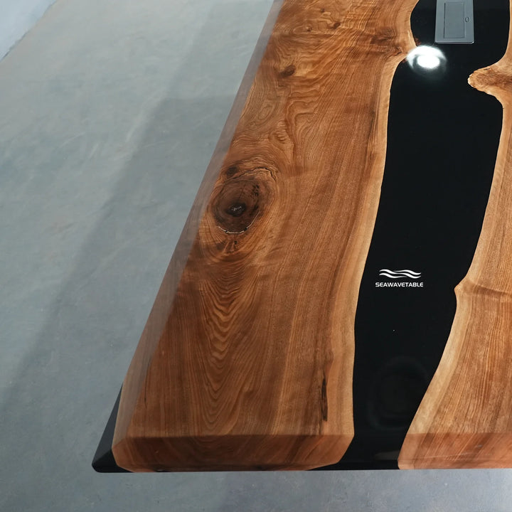 Seawavetable-Custom commercial epoxy table black walnut obsidian river design with charging function