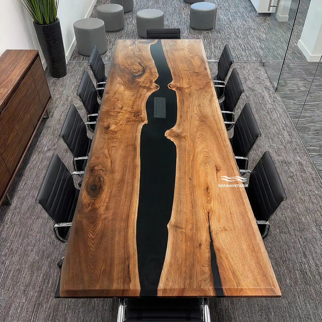 Seawavetable-Premium black walnut epoxy table commercial conference desk with obsidian black resin river