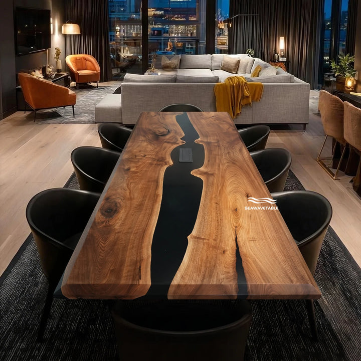 Seawavetable-High-gloss epoxy river conference table solid black walnut angled bevel edge with power socket