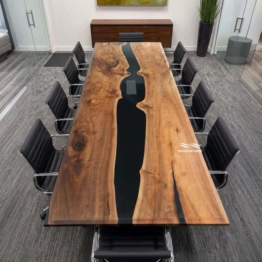 Seawavetable-Beveled edge black walnut epoxy conference table with built-in power outlet high-gloss black epoxy river