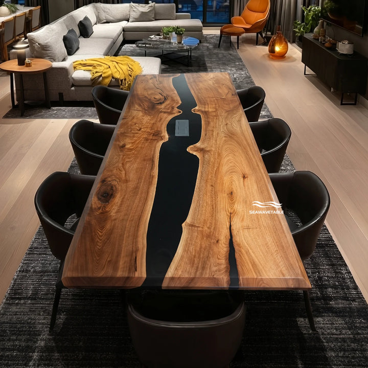 Seawavetable-Premium black walnut epoxy table commercial conference desk with obsidian black resin river