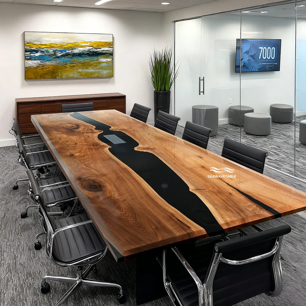 Seawavetable-High-gloss epoxy river conference table solid black walnut angled bevel edge with power socket