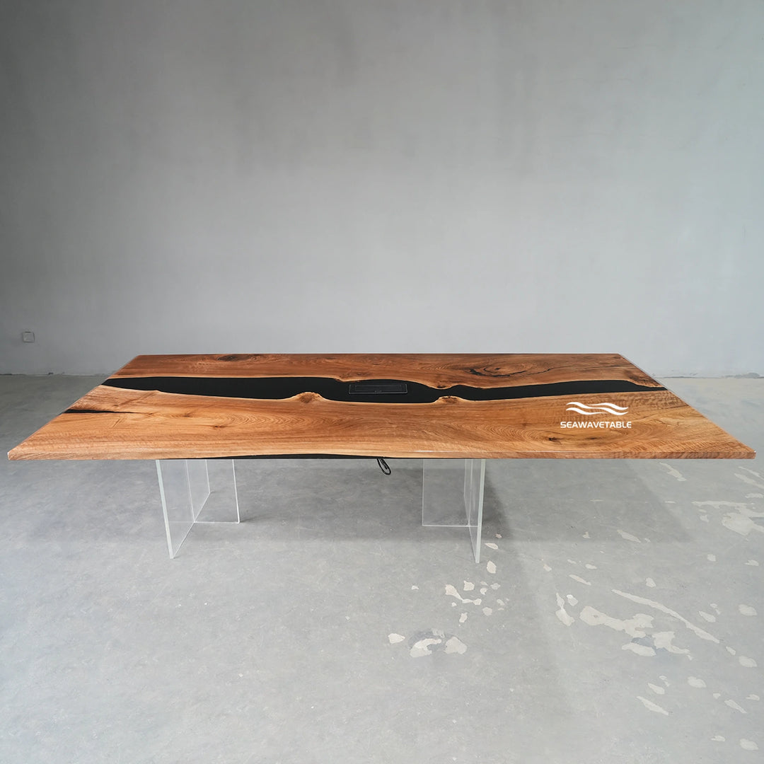 Seawavetable-Modern powered epoxy conference table beveled edge black walnut seamless resin river design