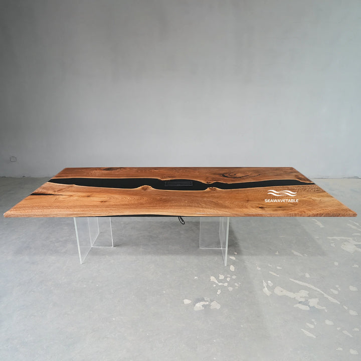 Seawavetable-Modern powered epoxy conference table beveled edge black walnut seamless resin river design