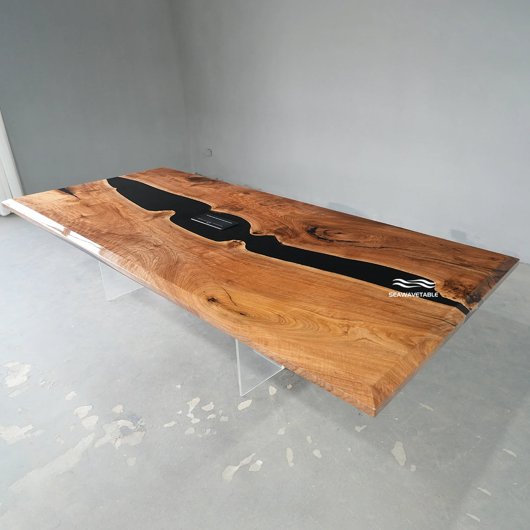 Seawavetable-Custom resin conference table high-gloss finish black walnut with built-in charging outlet