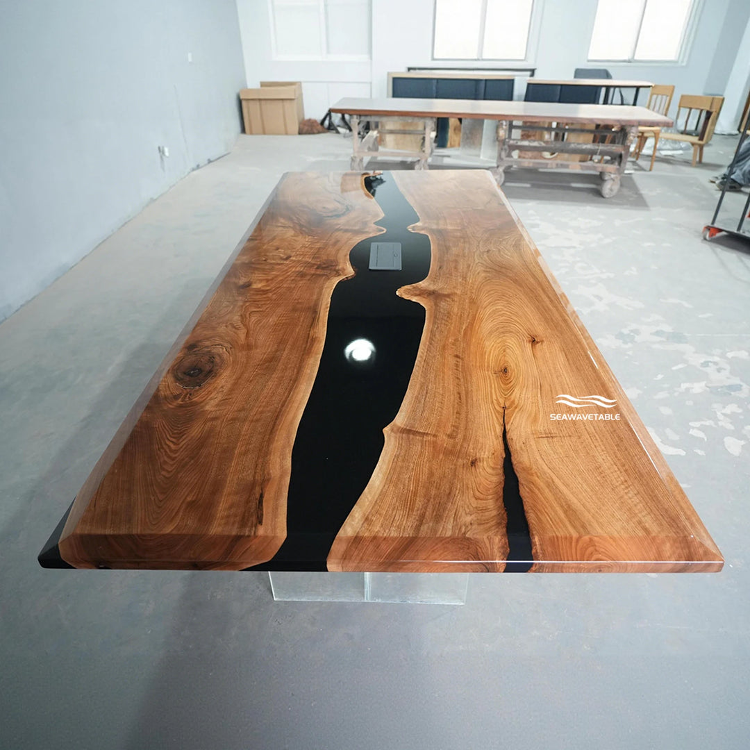 Seawavetable-Commercial grade black epoxy river table beveled edge black walnut office meeting desk