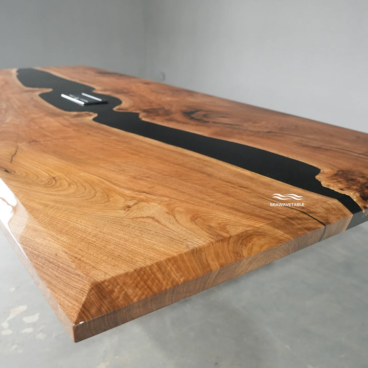 Seawavetable-Handcrafted black walnut epoxy conference table functional built-in power socket workspace furniture