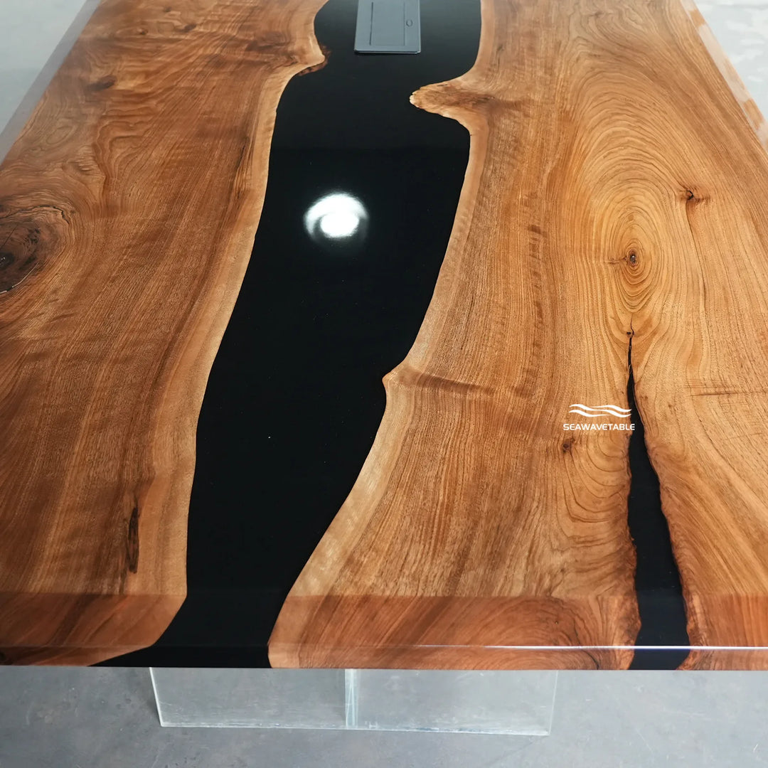 Seawavetable-Luxury high-gloss epoxy river table rectangular bevel edge black walnut office conference centerpiece