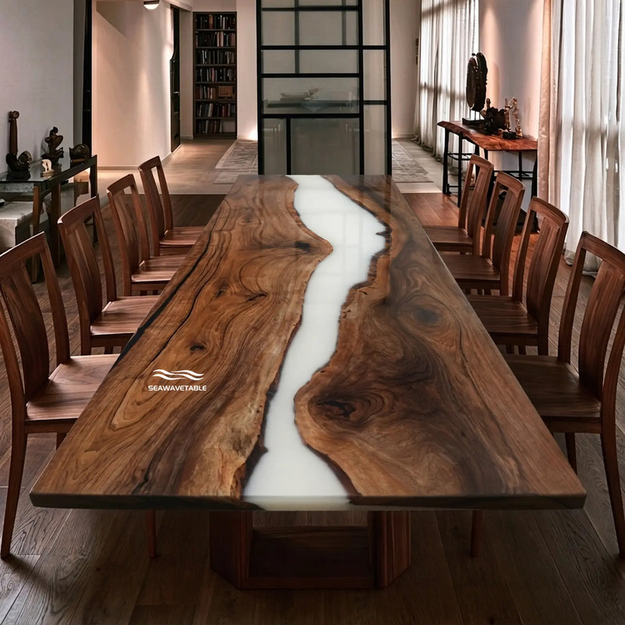 Seawavetable- Black walnut white epoxy river dining table, straight edge matte finish