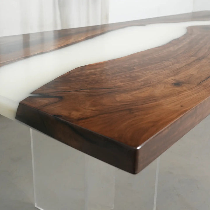 Seawavetable- Straight edge black walnut epoxy river dining table closeup