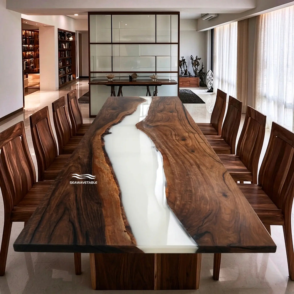 Seawavetable- Handmade black walnut epoxy river table with opaque white resin