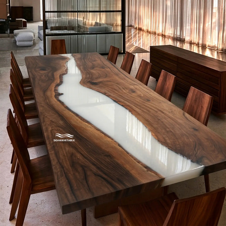 Seawavetable- Large black walnut dining table white resin river design