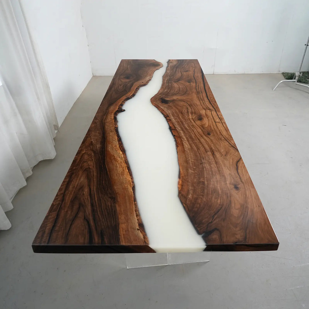 Seawavetable- Matte finish black walnut river table for modern dining room