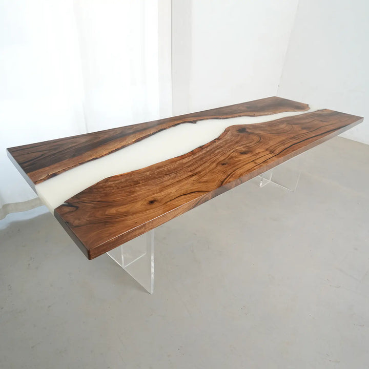 Seawavetable- Natural grain black walnut table with white resin river