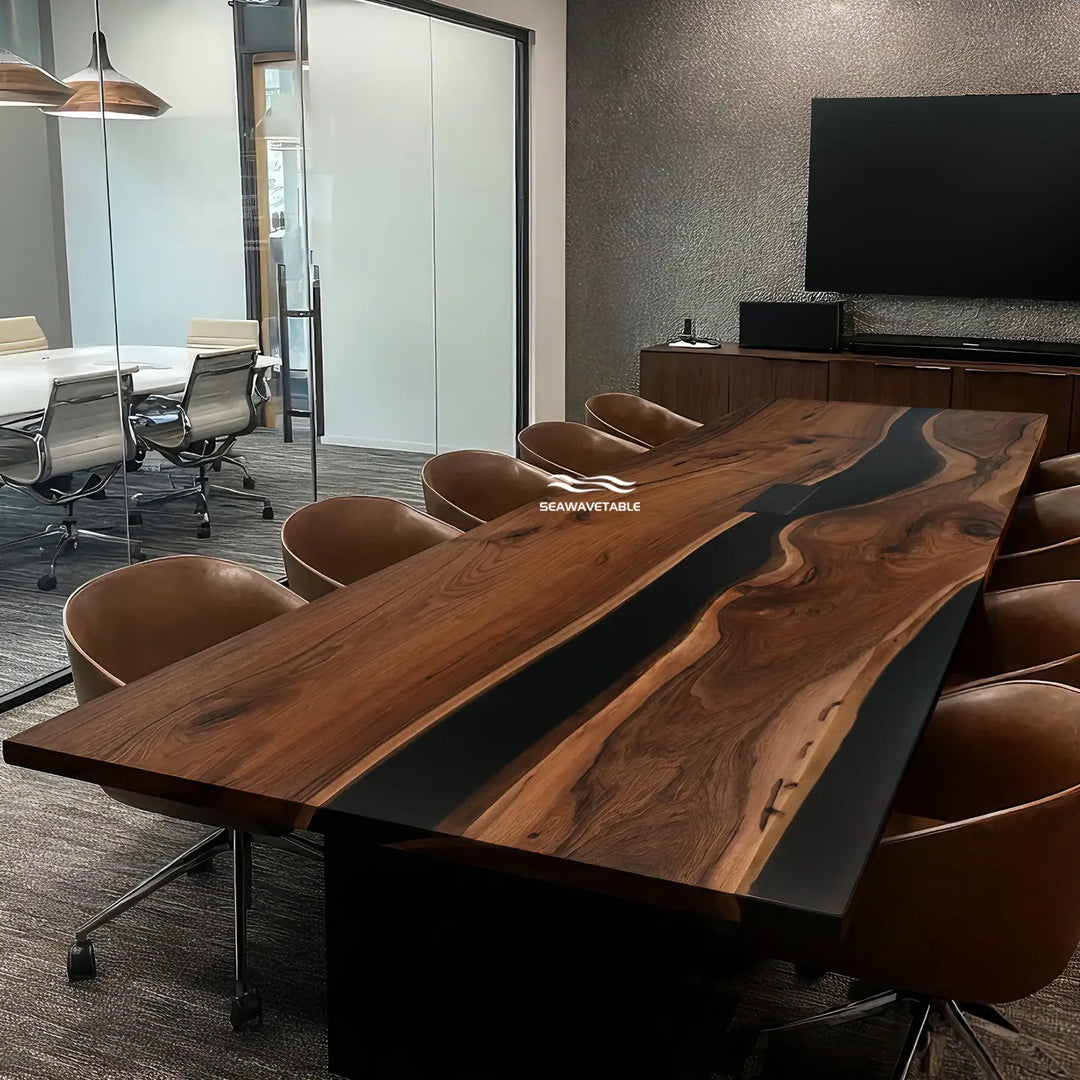 Seawavetable-Custom handmade black walnut straight edge epoxy river conference table full polished straight perimeter matte black resin corporate office furniture