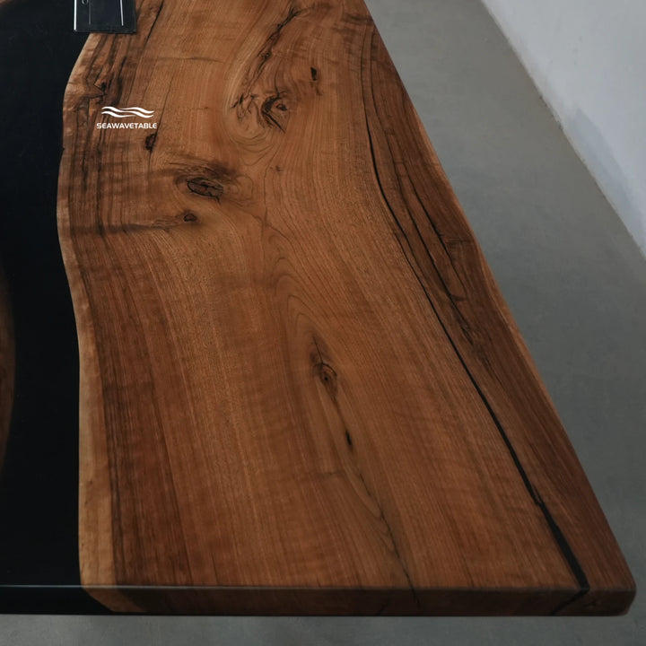 Seawavetable-Heavy duty custom black walnut epoxy river conference table full matte coating full perimeter polished straight edge customizable corporate dimensions