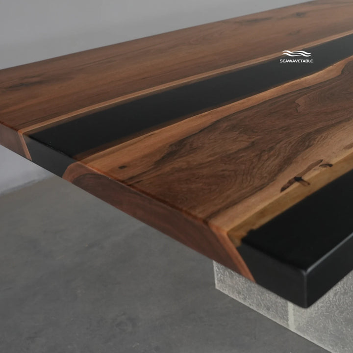 Seawavetable-Modern minimalist corporate black walnut epoxy table seamless central black resin river uniform polished straight edge custom build