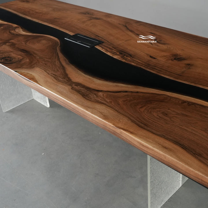 Seawavetable-Luxury custom resin conference table solid straight edge black walnut opaque midnight black epoxy full matte polished office surface